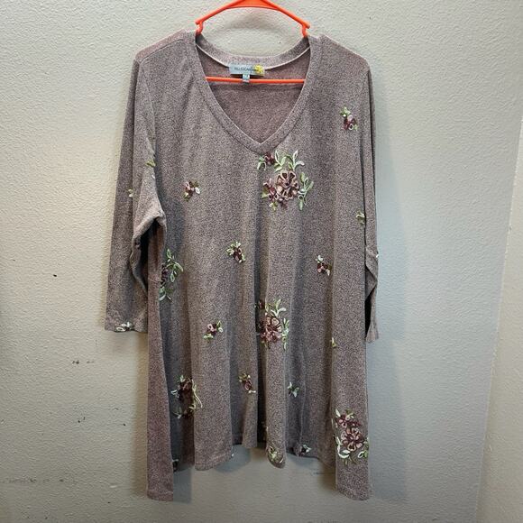 Figueroa & Flower Embroidered Floral Boho Tunic Top SZ 2XL Asymmetric V Neck - Picture 1 of 5